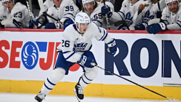 MONTREAL, CANADA - SEPTEMBER 29: Nick Abruzzese #26 of the Toronto Maple Leafs skates during the third period of a pre-season game against the Montreal Canadiens at the Bell Centre on September 29, 2023 in Montreal, Quebec, Canada. The Toronto Maple Leafs defeated the Montreal Canadiens 2-1. (Photo by Minas Panagiotakis/Getty Images)