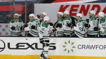 Feb 2, 2021; Columbus, Ohio, USA; Dallas Stars center Joe Pavelski (16) celebrates a goal against the Columbus Blue Jackets during the first period at Nationwide Arena. Mandatory Credit: Russell LaBounty-USA TODAY Sports