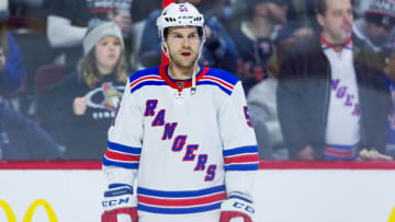 OTTAWA, ON - FEBRUARY 17: New York Rangers Center David Desharnais (51) takes a moment during warm-up before National Hockey League action between the New York Rangers and Ottawa Senators on February 17, 2018, at Canadian Tire Centre in Ottawa, ON, Canada. (Photo by Richard A. Whittaker/Icon Sportswire via Getty Images)