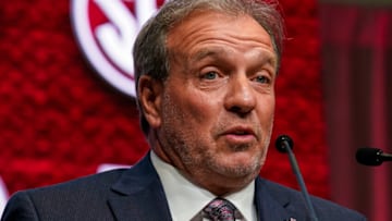 Jul 21, 2022; Atlanta, GA, USA; Texas A&M head coach Jimbo Fisher shown on the stage during SEC Media Days at the College Football Hall of Fame. Mandatory Credit: Dale Zanine-USA TODAY Sports
