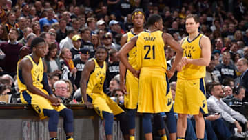 CLEVELAND, OH - APRIL 18: Victor Oladipo #4 of the Indiana Pacers, Darren Collison #2 of the Indiana Pacers, and Indiana Pacers look on during the game against the Cleveland Cavaliers in Game Two of Round One during the 2018 NBA Playoffs on April 18, 2018 at Quicken Loans Arena in Cleveland, Ohio. NOTE TO USER: User expressly acknowledges and agrees that, by downloading and/or using this photograph, user is consenting to the terms and conditions of the Getty Images License Agreement. Mandatory Copyright Notice: Copyright 2018 NBAE (Photo by David Liam Kyle/NBAE via Getty Images)