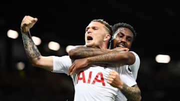 MANCHESTER, ENGLAND - AUGUST 27: Kieran Trippier of Tottenham Hotspur and Danny Rose of Tottenham Hotspur celebrates after Lucas Moura of Tottenham Hotspur (not pictured) scored their second goal during the Premier League match between Manchester United and Tottenham Hotspur at Old Trafford on August 27, 2018 in Manchester, United Kingdom. (Photo by Clive Mason/Getty Images)