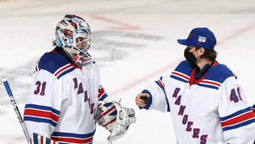 Igor Shesterkin #31 and Alexandar Georgiev #40 of the New York Rangers . (Photo by Bruce Bennett/Getty Images)