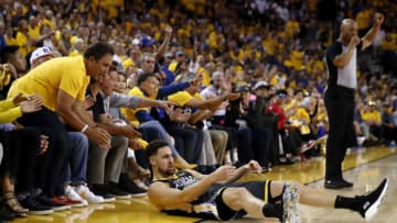 OAKLAND, CALIFORNIA - JUNE 13: Klay Thompson #11 of the Golden State Warriors reacts against the Toronto Raptors in the first half during Game Six of the 2019 NBA Finals at ORACLE Arena on June 13, 2019 in Oakland, California. NOTE TO USER: User expressly acknowledges and agrees that, by downloading and or using this photograph, User is consenting to the terms and conditions of the Getty Images License Agreement. (Photo by Ezra Shaw/Getty Images)
