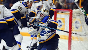Nov 10, 2016; Nashville, TN, USA; St. Louis Blues goalie Carter Hutton (40) makes a save against the Nashville Predators during the first period at Bridgestone Arena. Mandatory Credit: Christopher Hanewinckel-USA TODAY Sports