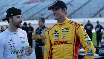 James Hinchcliffe (left) chats with Ryan Hunter-Reay on pit lane. Photo Credit: Chris Jones/Courtesy of IndyCar