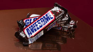 NEW YORK, NEW YORK - APRIL 04: A view of special edition WrestleMania Snickers bars at Build Studio on April 04, 2019 in New York City. (Photo by Noam Galai/Getty Images)