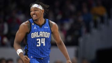 WASHINGTON, DC - MARCH 31: Wendell Carter Jr. #34 of the Orlando Magic reacts after scoring against the Washington Wizards at Capital One Arena on March 31, 2023 in Washington, DC. NOTE TO USER: User expressly acknowledges and agrees that, by downloading and or using this photograph, User is consenting to the terms and conditions of the Getty Images License Agreement. (Photo by Jess Rapfogel/Getty Images)