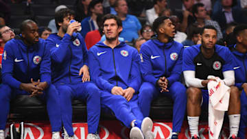 LOS ANGELES, CA - OCTOBER 19: Los Angeles Clippers Center Boban Marjanovic (51) sits on the bench during a NBA game between the Oklahoma City Thunder and the Los Angeles Clippers on October 19, 2018 at STAPLES Center in Los Angeles, CA.
