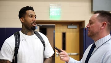 Sep 28, 2015; Denver, CO, USA; Denver Nuggets forward Wilson Chandler speaks to a reporter during the media day at Pepsi Center. Mandatory Credit: Chris Humphreys-USA TODAY Sports