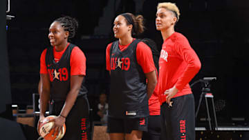 LAS VEGAS, NV - JULY 26: Chelsea Gray #12, Napheesa Collier, and Candice Dupree #4 of Team Wilson look on during the AT&T WNBA All-Star Practice and Media Availability 2019 on July 26, 2019 at the Mandalay Bay Events Center in Las Vegas, Nevada. NOTE TO USER: User expressly acknowledges and agrees that, by downloading and or using this photograph, user is consenting to the terms and conditions of the Getty Images License Agreement. Mandatory Copyright Notice: Copyright 2019 NBAE (Photo by Brian Babineau/NBAE via Getty Images)