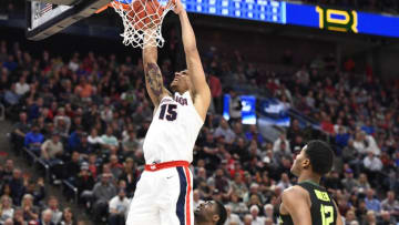 SALT LAKE CITY, UT - MARCH 23: Brandon Clarke #15 of the Gonzaga Bulldogs dunks in the game against the Baylor Bears in the second round of the 2019 NCAA Men's Basketball Tournament held at Vivint Smart Home Arena on March 23, 2019 in Salt Lake City, Utah. (Photo by Brett Wilhelm/NCAA Photos via Getty Images)