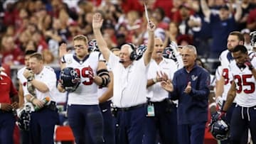 Nov 10, 2013; Phoenix, AZ, USA; Houston Texans interim head coach Wade Phillips celebrates a field goal during the game against the Arizona Cardinals at University of Phoenix Stadium. Mandatory Credit: Kevin Jairaj-USA TODAY Sports