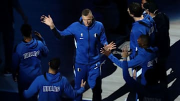 DALLAS, TEXAS - NOVEMBER 22: Kristaps Porzingis #6 of the Dallas Mavericks is introduced at American Airlines Center on November 22, 2019 in Dallas, Texas. NOTE TO USER: User expressly acknowledges and agrees that, by downloading and or using this photograph, User is consenting to the terms and conditions of the Getty Images License Agreement. (Photo by Ronald Martinez/Getty Images)