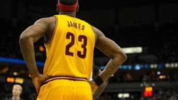 Jan 31, 2015; Minneapolis, MN, USA; Cleveland Cavaliers forward LeBron James (23) looks on during the fourth quarter against the Minnesota Timberwolves at Target Center. The Cavaliers defeated the Timberwolves 106-90. Mandatory Credit: Brace Hemmelgarn-USA TODAY Sports