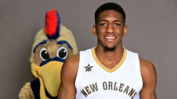 Sep 23, 2016; New Orleans, LA, USA; New Orleans Pelicans Langston Galloway (10) poses for a portrait as mascot Pierre the Pelicans sneaks in from behind during media day at the Smoothie King Center. Mandatory Credit: Derick E. Hingle-USA TODAY Sports