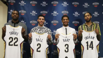 METAIRIE, LA - JULY 16: Derrick Favors #22, Lonzo Ball #2, Josh Hart #3, and Brandon Ingram #14 of the New Orleans Pelicans (Photo by Layne Murdoch Jr./NBAE via Getty Images
