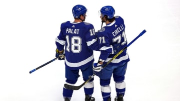 EDMONTON, ALBERTA - SEPTEMBER 26: Ondrej Palat #18 and Anthony Cirelli #71 of the Tampa Bay Lightning warm-up prior to Game Five of the 2020 NHL Stanley Cup Final against the Dallas Stars at Rogers Place on September 26, 2020 in Edmonton, Alberta, Canada. (Photo by Bruce Bennett/Getty Images)
