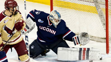 CHESTNUT HILL, MA - NOVEMBER 7: Adam Huska #30 of the Connecticut Huskies makes a skate save against the Boston College Eagles during NCAA hockey at Kelley Rink on November 7, 2017 in Chestnut Hill, Massachusetts. (Photo by Richard T Gagnon/Getty Images)