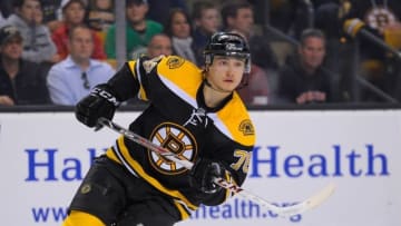 Sep 24, 2014; Boston, MA, USA; Boston Bruins center Alexander Khokhlachev (76) skates in the offensive zone during the second period against the Washington Capitals at TD Banknorth Garden. Mandatory Credit: Bob DeChiara-USA TODAY Sports
