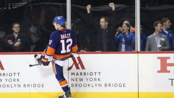 Oct 16, 2016; Brooklyn, NY, USA; New York Islanders right wing Josh Bailey (12) celebrates scoring the game winning goal in overtime against the Anaheim Ducks at Barclays Center. New York Islanders won 3-2 in overtime. Mandatory Credit: Anthony Gruppuso-USA TODAY Sports