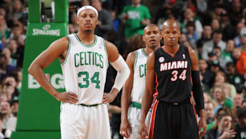 BOSTON, MA - JANUARY 27: Paul Pierce #34 of the Boston Celtics and Ray Allen #34 of the Miami Heat look on during the game on January 27, 2013 at the TD Garden in Boston, Massachusetts. NOTE TO USER: User expressly acknowledges and agrees that, by downloading and or using this photograph, User is consenting to the terms and conditions of the Getty Images License Agreement. Mandatory Copyright Notice: Copyright 2013 NBAE (Photo by Brian Babineau/NBAE via Getty Images)