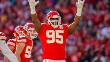 KANSAS CITY, MO - DECEMBER 12: Chris Jones #95 of the Kansas City Chiefs reacts to the crowd noise during the first quarter against the Las Vegas Raiders at Arrowhead Stadium on December 12, 2021 in Kansas City, Missouri. (Photo by David Eulitt/Getty Images)