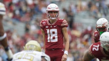 Redshirt sophomore quarterback Tate Rodemaker (18) calls a play. Florida State football defeated Georgia Tech, 41-16, On Oct. 29, 2022, at Doak Campbell Stadium.J9t2519