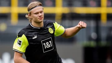 Erling Haaland celebrates scoring against Werder Bremen (Photo by LEON KUEGELER/POOL/AFP via Getty Images)