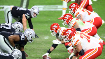 Nov 22, 2020; Paradise, Nevada, USA; General view down the line of scrimmage as Kansas City Chiefs center Austin Reiter (62) prepares to snap the ball against the Las Vegas Raiders in the second half at Allegiant Stadium. Mandatory Credit: Mark J. Rebilas-USA TODAY Sports