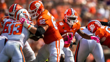Oct 24, 2020; Clemson, South Carolina, USA; Clemson running back Travis Etienne (9) runs the ball in for a 25 yard touchdown during their game against Syracuse at Memorial Stadium. Mandatory Credit: Ken Ruinard-USA TODAY Sports