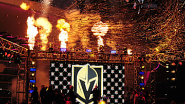 LAS VEGAS, NV - NOVEMBER 22: Pyrotechnics explode as the Vegas Golden Knights name and logo is revealed during the Las Vegas NHL team name Unveiling ceremony on November 22, 2016, at The Park at T-Mobile Arena in Las Vegas, NV. (Photo by Josh Holmberg/Icon Sportswire via Getty Images)