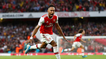 LONDON, ENGLAND - SEPTEMBER 22: Pierre-Emerick Aubameyang of Arsenal celebrates scoring his team's third goal during the Premier League match between Arsenal FC and Aston Villa at Emirates Stadium on September 22, 2019 in London, United Kingdom. (Photo by Michael Steele/Getty Images)