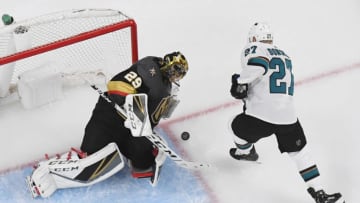 LAS VEGAS, NEVADA - APRIL 16: Marc-Andre Fleury #29 of the Vegas Golden Knights blocks a shot by Joonas Donskoi #27 of the San Jose Sharks in the second period of Game Four of the Western Conference First Round during the 2019 NHL Stanley Cup Playoffs at T-Mobile Arena on April 16, 2019 in Las Vegas, Nevada. The Golden Knights defeated the Sharks 5-0 to take a 3-1 lead in the series. (Photo by Ethan Miller/Getty Images)