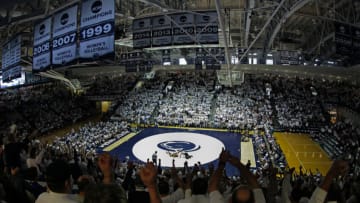 STATE COLLEGE, PA - JANUARY 31: A view of the sell out crowd cheering during a match between the Penn State Nittany Lions and the Michigan Wolverines on January 31, 2016 at Recreation Hall on the campus of Penn State University in State College, Pennsylvania. Penn State won 35-7. (Photo by Hunter Martin/Getty Images)