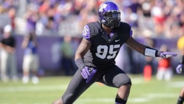 Oct 20, 2012; Fort Worth, TX, USA; TCU Horned Frogs defensive end Devonte Fields (95) defends against the Texas Tech Red Raiders offense during the game at Amon G. Carter Stadium. The Red Raiders defeated the Horned Frogs 56-53 in overtime. Mandatory Credit: Jerome Miron-USA TODAY Sports