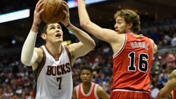 Apr 25, 2015; Milwaukee, WI, USA; Milwaukee Bucks forward Ersan Ilyasova (7) takes a shot against Chicago Bulls forward Pau Gasol (16) in the third quarter in game four of the first round of the NBA Playoffs at BMO Harris Bradley Center. Mandatory Credit: Benny Sieu-USA TODAY Sports