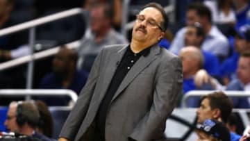 May 2, 2012; Orlando, FL, USA; Orlando Magic head coach Stan Van Gundy reacts after a turnover by his team during the fourth quarter of game three in the Eastern Conference quarterfinals of the 2012 NBA Playoffs at the Amway Center. Indiana defeated Orlando, 97-74. Mandatory Credit: Douglas Jones-USA TODAY Sports