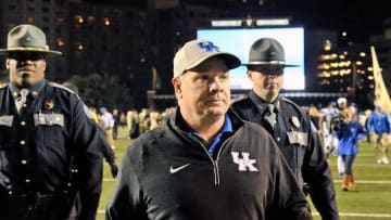 Nov 14, 2015; Nashville, TN, USA; Kentucky Wildcats head coach Mark Stoops walks off the field after his team is defeated by the Vanderbilt Commodores during the second half at Vanderbilt Stadium. Vanderbilt won 21-17. Mandatory Credit: Jim Brown-USA TODAY Sports