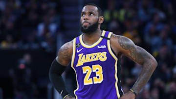 SAN FRANCISCO, CALIFORNIA - FEBRUARY 08: LeBron James #23 of the Los Angeles Lakers looks on against the Golden State Warriors during an NBA basketball game at Chase Center on February 08, 2020 in San Francisco, California. NOTE TO USER: User expressly acknowledges and agrees that, by downloading and or using this photograph, User is consenting to the terms and conditions of the Getty Images License Agreement. (Photo by Thearon W. Henderson/Getty Images)