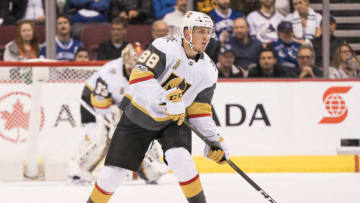 VANCOUVER, BC - NOVEMBER 16: Nate Schmidt #88 of the Vegas Golden Knights skates with the puck during NHL action against the Vancouver Canucks on November, 16, 2017 at Rogers Arena in Vancouver, British Columbia, Canada. (Photo by Rich Lam/Getty Images)