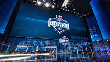 ARLINGTON, TX - APRIL 26: The 2018 NFL Draft logo is seen on a video board during the first round of the 2018 NFL Draft at AT