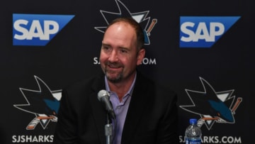 SAN JOSE, CA - SEPTEMBER 19: Head coach Peter DeBoer of the San Jose Sharks speaks to the media during a press conference at the Hilton on September 19, 2018 in San Jose, California (Photo by Brandon Magnus/NHLI via Getty Images)