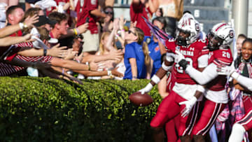 Oct 2, 2021; Columbia, South Carolina, USA; South Carolina Gamecocks defensive back David Spaulding (29) and South Carolina Gamecocks defensive back Darius Rush (28) celebrate an interception for a touchdown by Spaulding against the Troy Trojans in the second half at Williams-Brice Stadium. Mandatory Credit: Jeff Blake-USA TODAY Sports