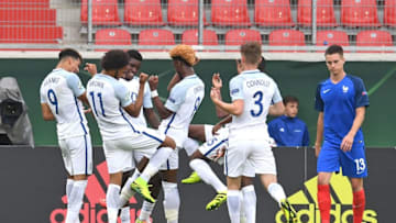 HEIDENHEIM, GERMANY - JULY 12: Dominic Solanke of England (hidden) celebrates his team's second goal with team mates during the UEFA Under19 European Championship match between U19 France and U19 England at Voith-Arena on July 12, 2016 in Heidenheim, Germany. (Photo by Daniel Kopatsch/Bongarts/Getty Images)