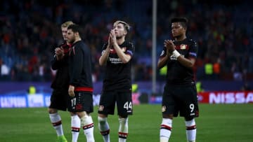 MADRID, SPAIN - MARCH 15: Leon Bailey (R) of Bayer Leverkusen and his teammate Kevin Kampl (2ndR) acknowledge the audience their fans after the UEFA Champions League Round of 16 second leg match between Club Atletico de Madrid and Bayer Leverkusen at Vicente Calderon Stadium on March 15, 2017 in Madrid, Spain. (Photo by Gonzalo Arroyo Moreno/Getty Images)