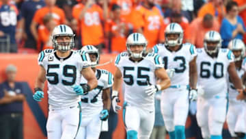 Sep 8, 2016; Denver, CO, USA; Carolina Panthers linebacker Luke Kuechly (59) leads teammates onto the field prior to the game against the Denver Broncos at Sports Authority Field at Mile High. The Broncos defeated the Panthers 21-20. Mandatory Credit: Mark J. Rebilas-USA TODAY Sports