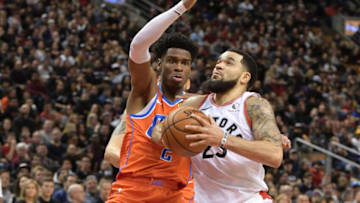 Raptors guard Fred VanVleet (23) drives to the basket as OKC Thunder guard Shai Gilgeous-Alexander (2): Dan Hamilton-USA TODAY Sports