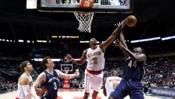 Oct 18, 2016; Atlanta, GA, USA; Atlanta Hawks center Dwight Howard (8) blocks a shot attempt by New Orleans Pelicans forward Solomon Hill (44) in the third quarter of their game at Philips Arena. The Hawks won 96-89. Mandatory Credit: Jason Getz-USA TODAY Sports