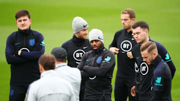 SOUTHAMPTON, ENGLAND - SEPTEMBER 09: England players look on during an England training session at St. Mary's Stadium on September 09, 2019 in Southampton, England. (Photo by Julian Finney/Getty Images)
